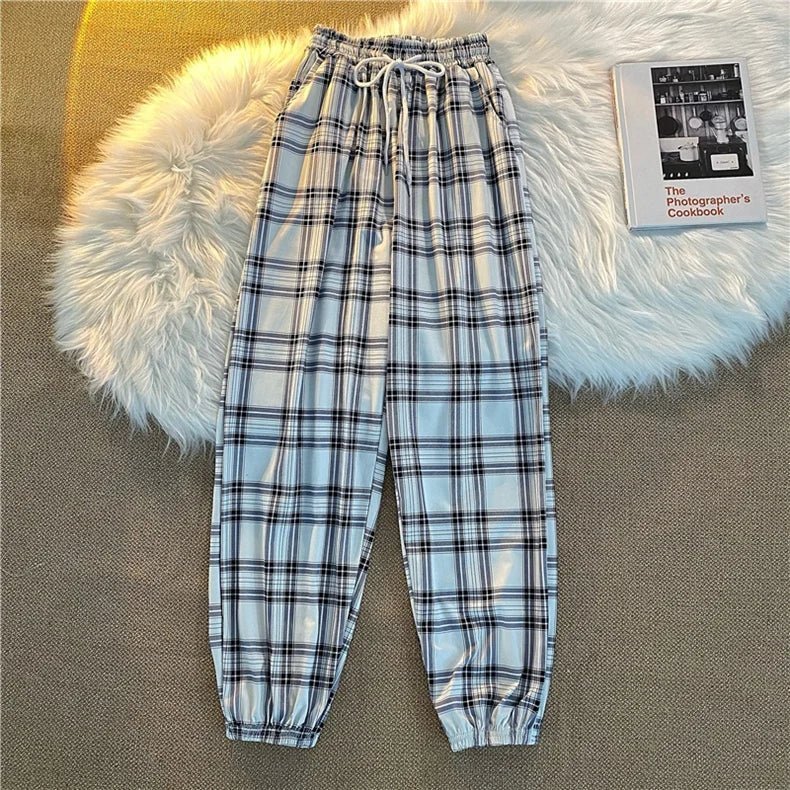 Hosen Frauen Neue Haufen füße Mode Lose Schwarz Plaid Sommer Harajuku Studenten Streetwear Harem Lange Hosen Frauen Chic