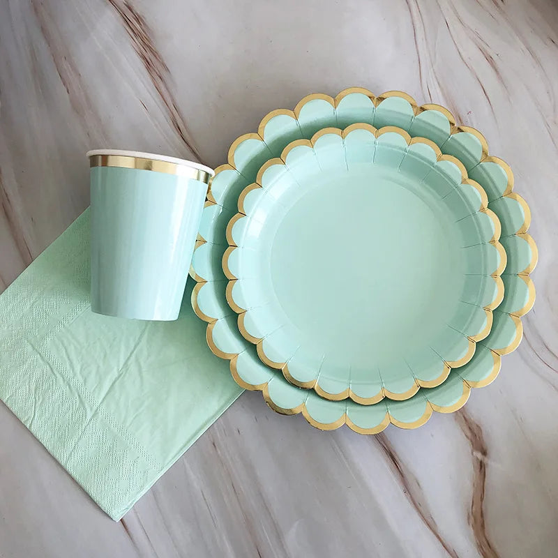 40pcs/set Yellow Green Pink Blue Paper Plates Cups Disposable Tableware Set for Wedding Birthday Party Baby Shower Supplies.