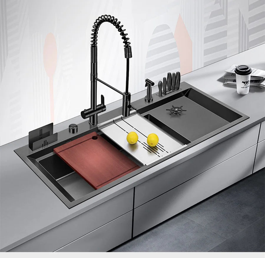 ASRAS New Nanometer Large Size Single Cup Rinser Kitchen Sink 4mm Thickness 220mm Depth With Drain Plate Knife Holder Sinks