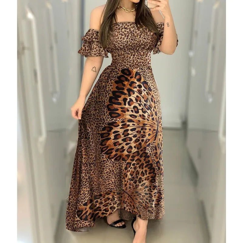 Boho Leopard Kleid Frauen Weg Schulter Rüschen Hülse Sommer Kleid Sexy Strappy Slash neck Vestido Lange Sommerkleid Party Kleider.