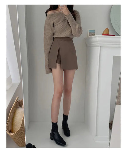 Mini Skirts Women Irregular Solid Side-slit Stretchy Korean Style Trendy Chic OL High Waist Female Bottom Popular Spring Autumn.