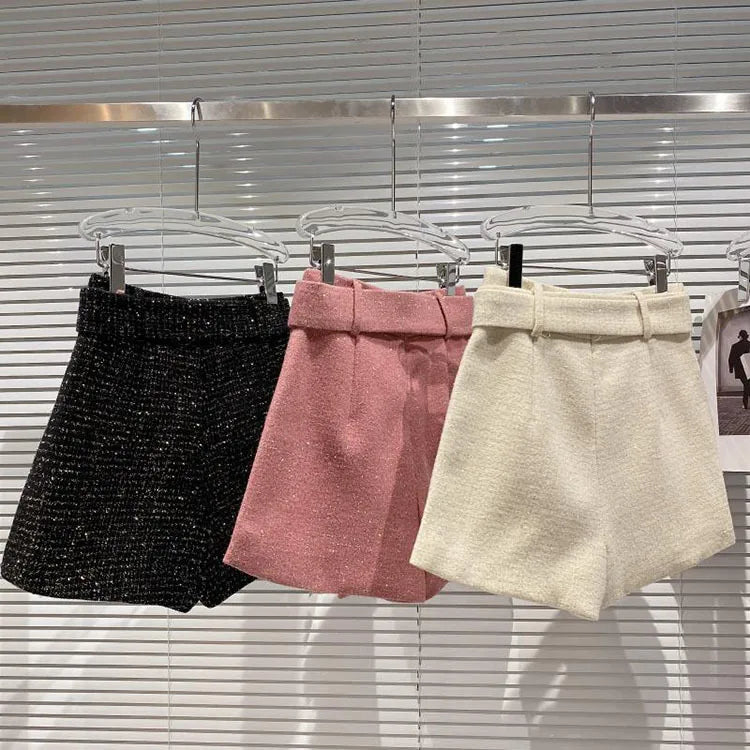 2022 Spring Autumn New shiny sequins Plaid Shorts with Belt for Lady Rhinestone Bright Silk Tweed Folding Short Boots Women.
