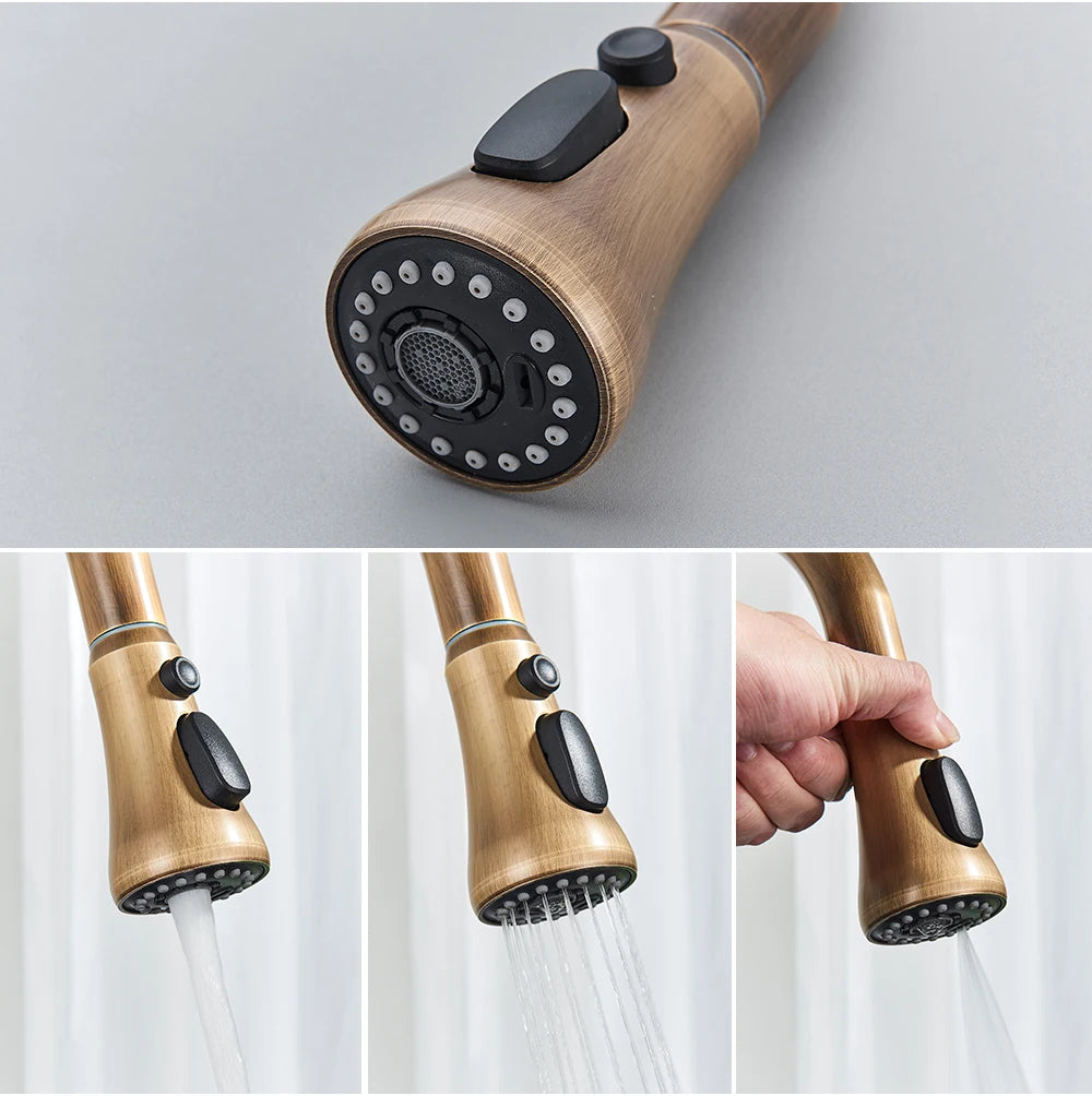 POIQIHY Antique Brass Kitchen Faucet Pull Out Bathroom Kitchen Mixers Single Handle Pull Down Cold Hot Water Tap Deck Mounted