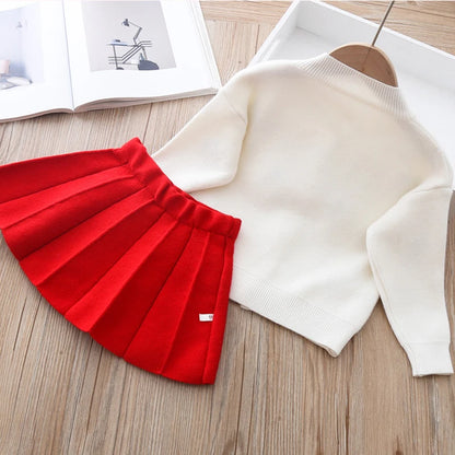 Girls long sleeve knitting suit 2025 Christmas autumn winter new girls sweater cardigan knitting Top + skirt two piece set.