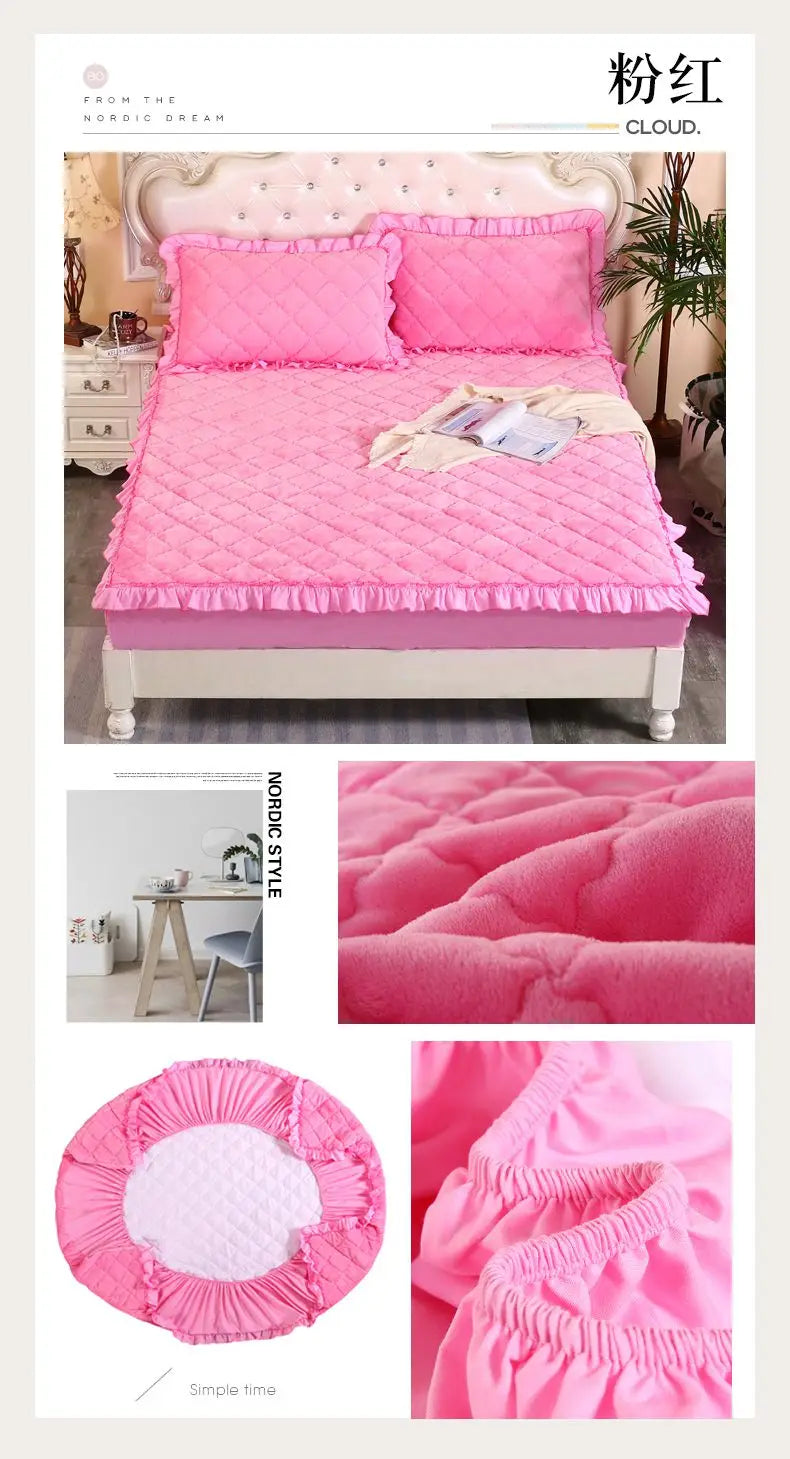 Fashion Flannel Bed Fitted Sheet Quilted Mattress Cover Soft and Comfortable Lace Fit Elastic Band Bed Sheet