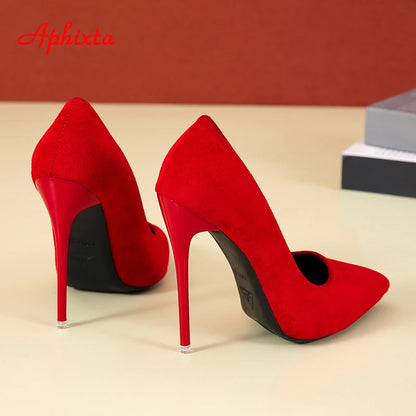 Aphixta 12cm Super High Stiletto Heels Pumps Women Office Flock Pointed Toe Thin Heel Party Shoes Woman Plus Large Size 44 45.