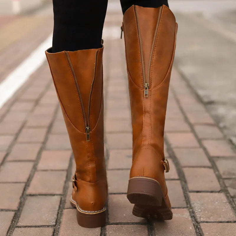 Women Knee High Boots Fashion Low Heels Square Platform Long Boots Brown Black Leather Zip Winter Women Warm Shoes Booties 69m.