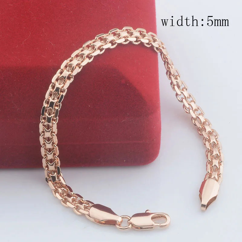 3mm 5mm Wide Men Women 585 Rose Gold Color Weaving Curb Bracelets Chains Jewelry.