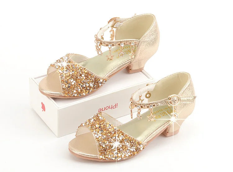 Girls Sandals Children Crystal Shoes 2023 Summer Kids Glitter Shoes High Heels Sequined Rhinestone Pendants Open Toes Princess.
