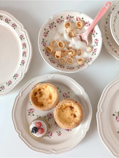 Ceramic Plate French Style Retro Floral Reliefs Food Plate Yogurt Salad Bowl Dessert Plate Dish Dinner Wedding Set Dinner Plates.