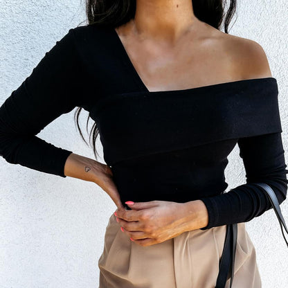 Women Autumn Winter T shirt Off Shoulder Oblique Neck Strapless Backless Long Sleeve Solid Color Ladies Slim Shirt femme
