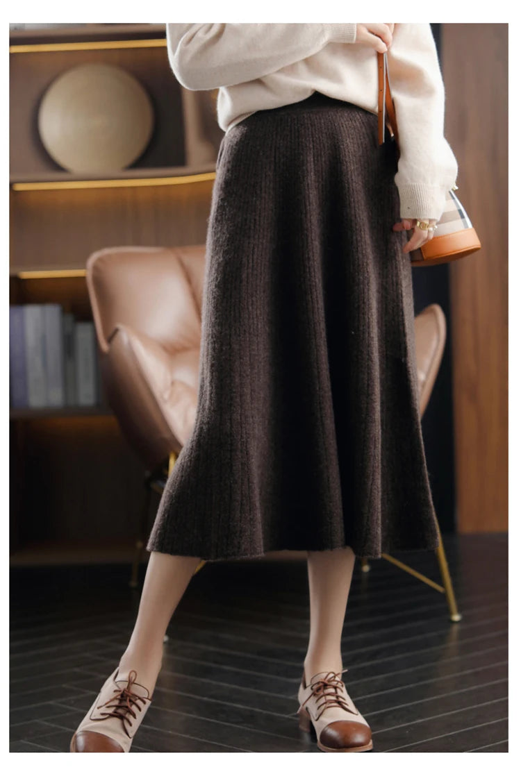 2025 Autumn New High-Waist 100%Pure Wool Pleated Long Skirt Women's Knit Base Skirt Fashion Pack Hip A-Line Cashmere Large Skirt