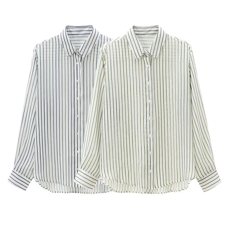 TAOP&ZA Women's Clothing 2024 Early Autumn New Fashion Chic Casual Loose Versatile Texture Striped Long-sleeved Shirt 8926551.