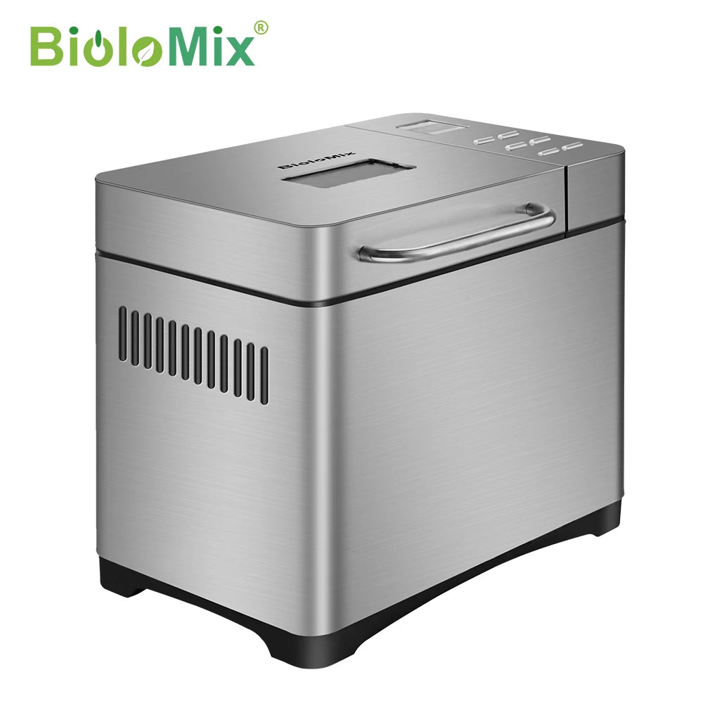 Biolomix Stainless Steel 1KG 19-in-1 Automatic Bread Maker 650W Programmable Bread Machine with 3 Loaf Sizes Fruit Nut Dispenser.