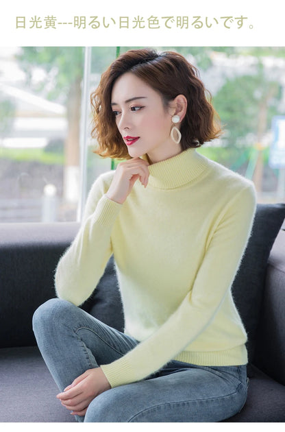 Herbst Winter 100% Nerz Kaschmir Pullover Frauen Strickwaren Pullover Dicke Warme Einfarbig Plus Größe Basis Hohe Revers Kleidung Tops.