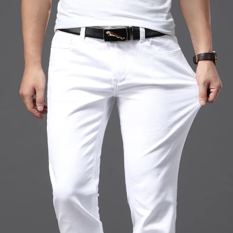 Men White Jeans Fashion Casual Classic Style Slim Fit Soft Trousers Male Brand Advanced Stretch Pants.