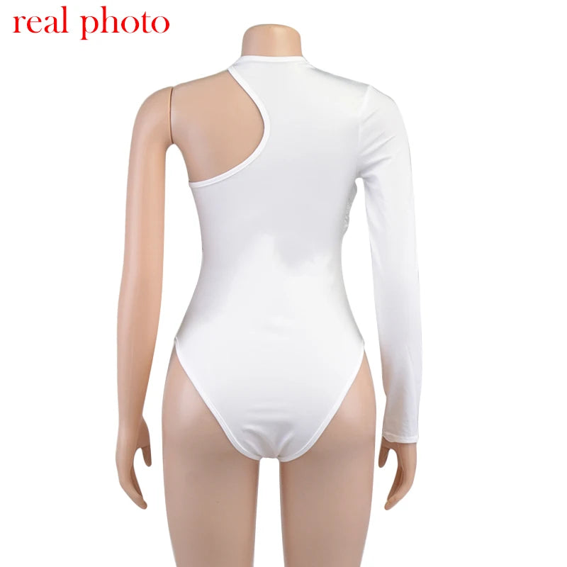 Cryptographic One Shoulder Sexy Backless Twist Bodysuits Women Long Sleeve Top Slim High Waist Bodysuit Club Party Streetwear.