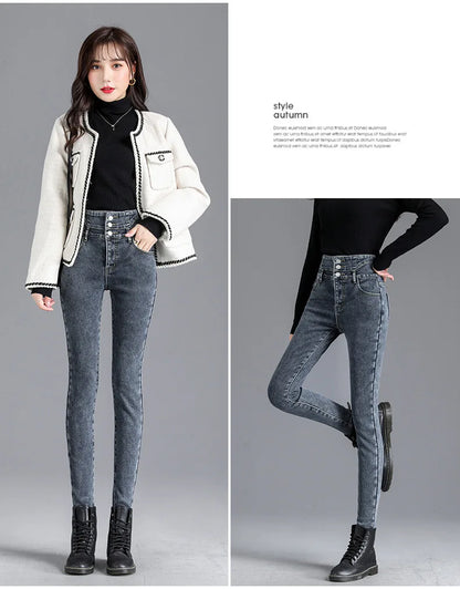 Thermische Winter Dicke Fleece High-taille Warme Dünne Jeans Dicke Frauen Stretch Taste Bleistift Hosen Mom Casual Samt Jeans