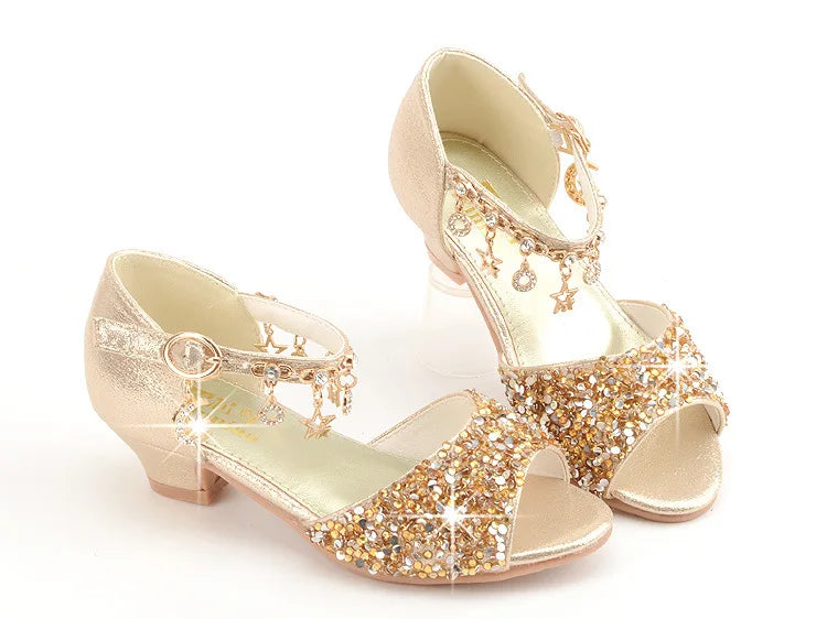 Girls Sandals Children Crystal Shoes 2023 Summer Kids Glitter Shoes High Heels Sequined Rhinestone Pendants Open Toes Princess.