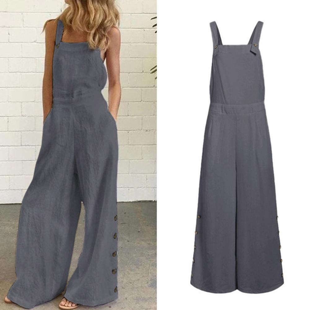 Women Jumpsuit Summer Sleeveless Solid Color Wide Leg Pockets Loose Strappy Playsuit Overall Wide Leg Pockets mono mujer verano.