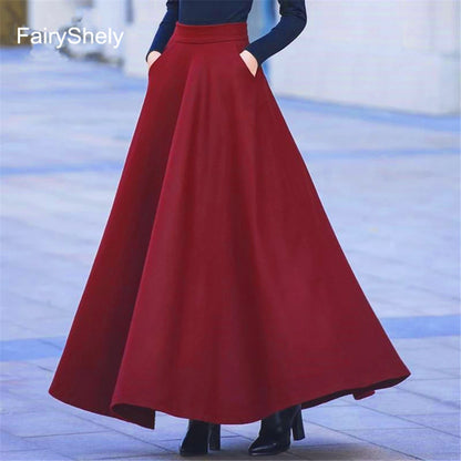 FairyShely Vintage Pleated Long Skirt Women 2025 Autumn Winter Woolen High Waist Black Skirts Female Flare Pocket.