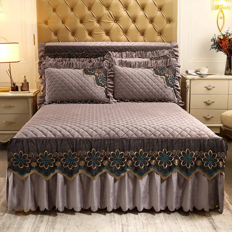 European Luxury Quilted Bed Skirt Winter Warm Thicken Velvet Bedspread King Good Hand Feeling Bed Skirt Not Included Pillowcase