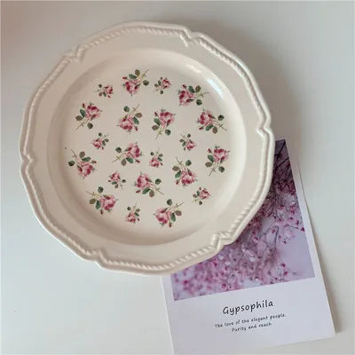 Ceramic Plate French Style Retro Floral Reliefs Food Plate Yogurt Salad Bowl Dessert Plate Dish Dinner Wedding Set Dinner Plates