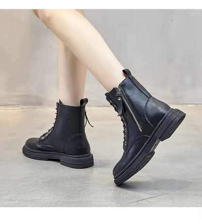 WOIZGIC Women's Ladies Genuine Leather Female Shoes Ankle Boots Platform Lace Up Warm Winter Autumn Fur Plush Motorcycle.