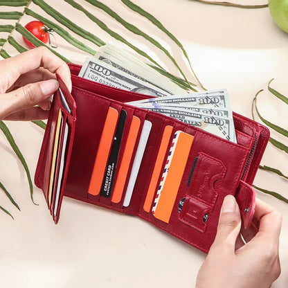 Contact'S Genuine Leather Wallets Women Men Wallet Short Small RFID Blocking Card Holder Wallets Ladies Red Coin Purse.