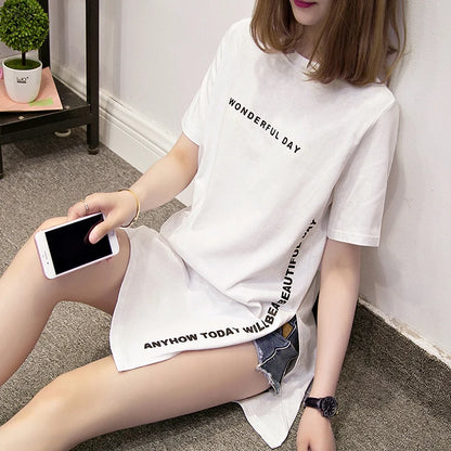 WONDERFUL DAY Print Long T shirts Summer Women Loose Slit Femme Tops  Tshirt Short sleeve Ladies t-shirt.