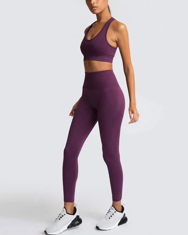 High Waist Elastic Seamless Yoga Wear Women Fitness Clothes Gym Clothing Workout Set Long Sleeve Crop Top Leggings Sports Suit