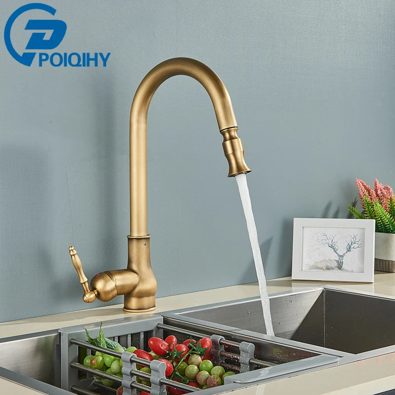 POIQIHY Antique Brass Kitchen Faucet Pull Out Bathroom Kitchen Mixers Single Handle Pull Down Cold Hot Water Tap Deck Mounted