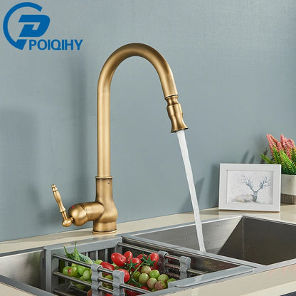 POIQIHY Antique Brass Kitchen Faucet Pull Out Bathroom Kitchen Mixers Single Handle Pull Down Cold Hot Water Tap Deck Mounted