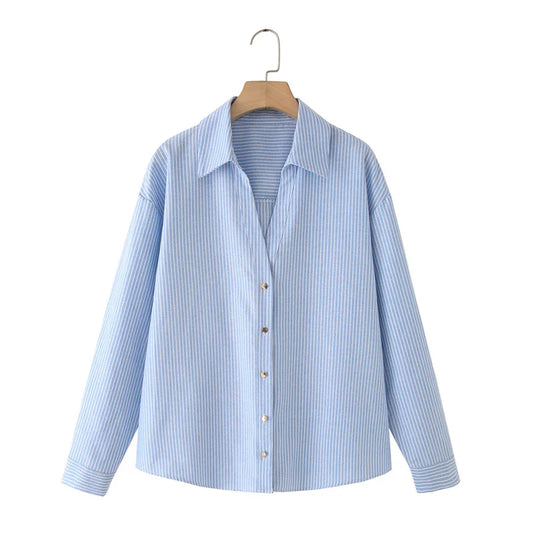 KAR&OT ZA Women's Clothing 2025 Summer New European and American Blue Striped Long-sleeved Lapel Short Shirt 2886909.