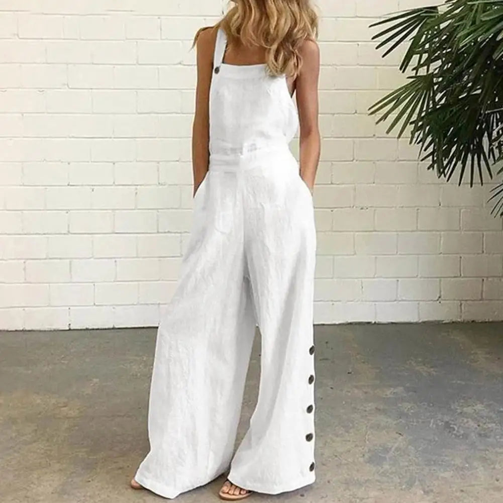 Women Jumpsuit Summer Sleeveless Solid Color Wide Leg Pockets Loose Strappy Playsuit Overall Wide Leg Pockets mono mujer verano.