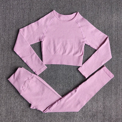 Women Seamless Fitness Yoga Suit Knitt Workout Long Sleeve Crop Top Sports Bra High Waist Running Leggings Gym Clothing 2/3Pcs