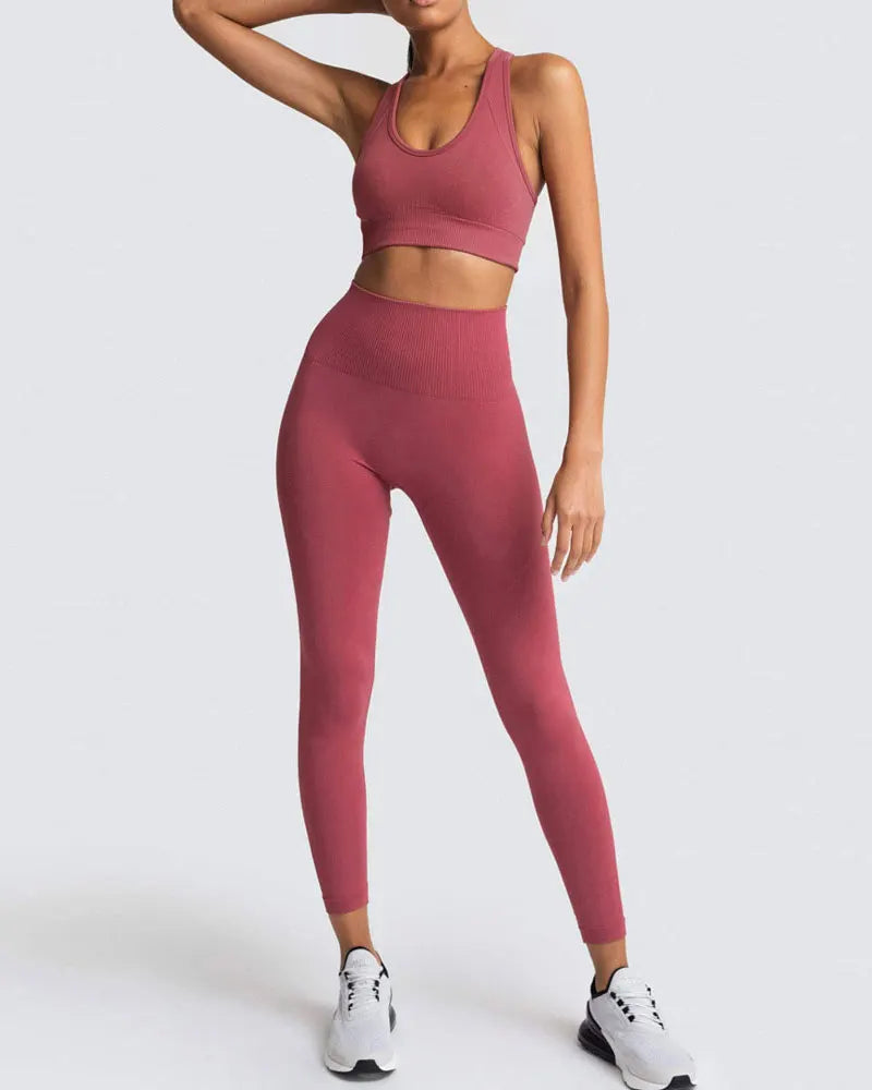 High Waist Elastic Seamless Yoga Wear Women Fitness Clothes Gym Clothing Workout Set Long Sleeve Crop Top Leggings Sports Suit.