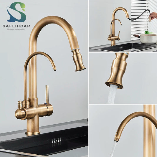 Antique Kitchen Sink Pure Faucet Pull Out Spout Hot Cold Mixer Taps Deck Mount Hot Cold Mixer Taps Purification Kitchen Crane