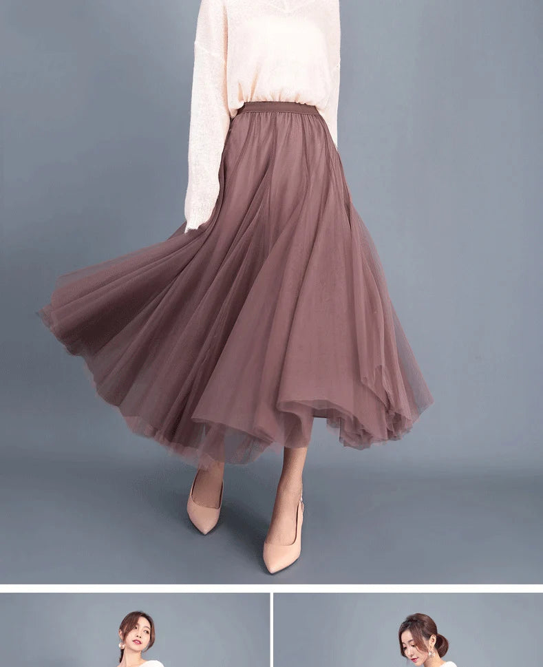 OHRYIYIE Beige Maxi Long Skirt Spring Autumn Womens 2025 New Summer Tulle Skirt Party Mesh A-line Skirts Female Jupe Longue.