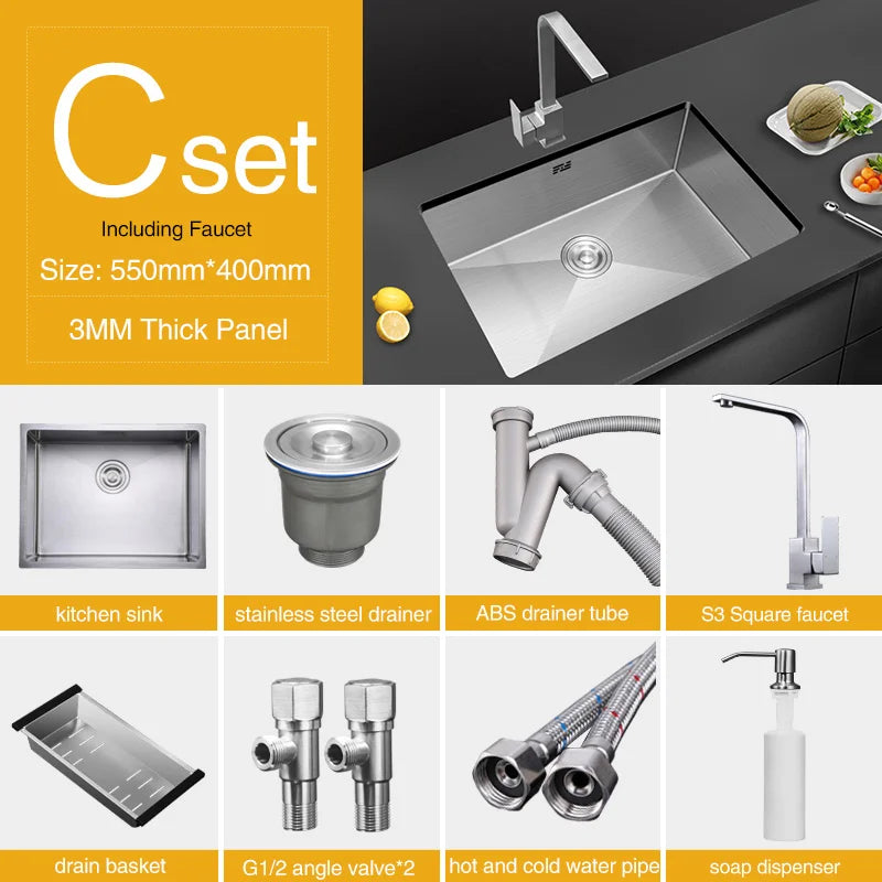 Large Size Single Kitchen Sink Handmade Brushed 304 Stainless Steel 3mm Thickness Single Bowl Bar Counter Kitchen Kinks