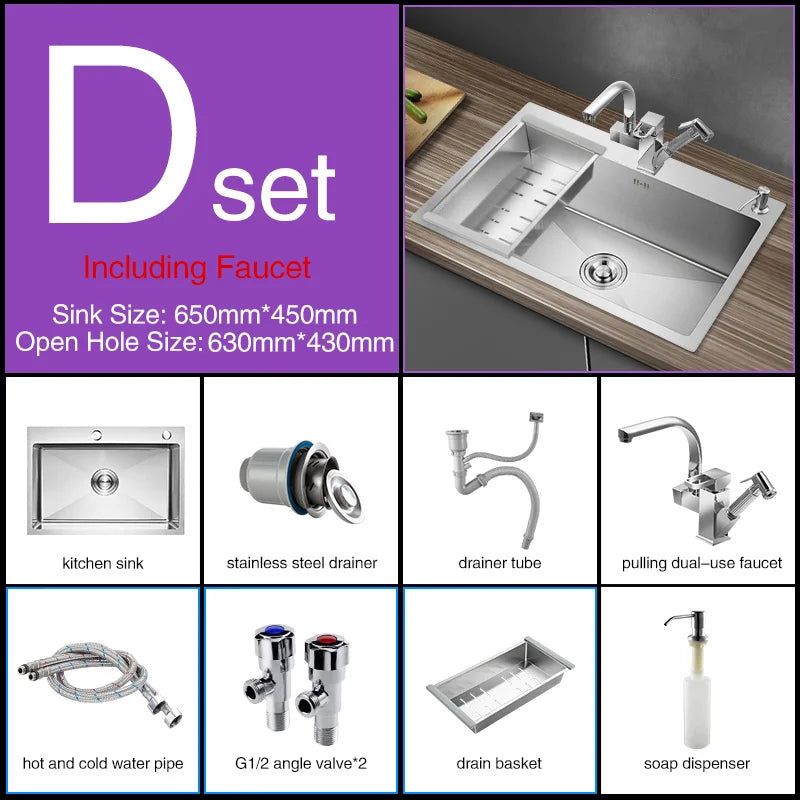 Kitchen sink lead-free handmade brushed 304 stainless steel 3mm thickness single bowl large size kitchen sink