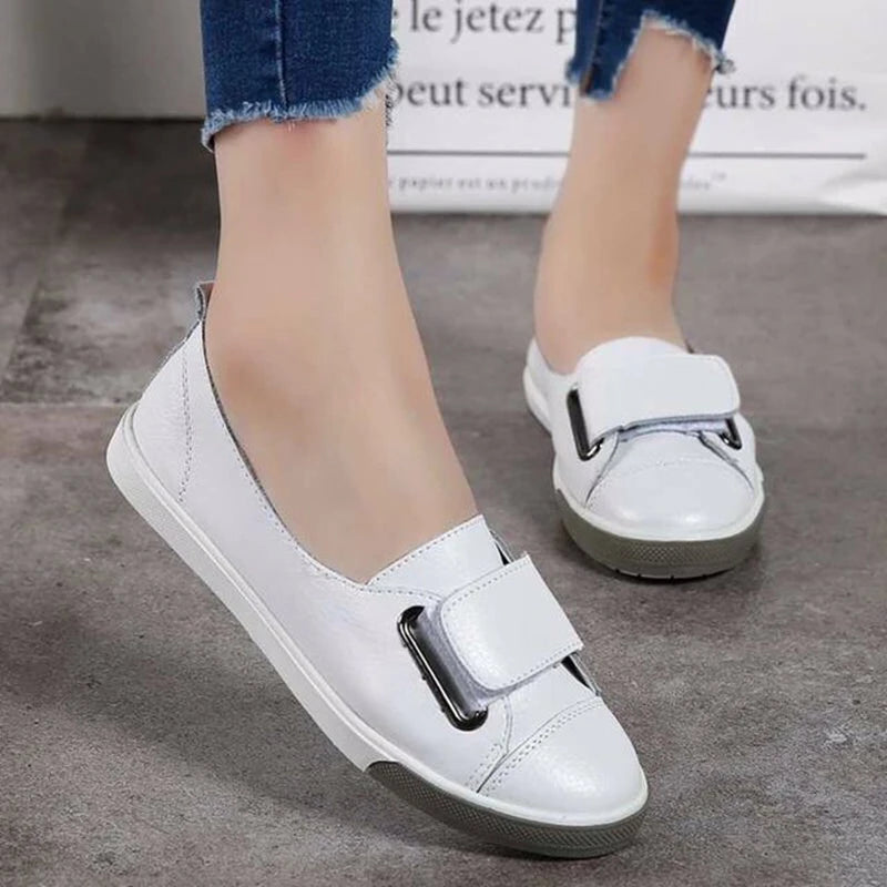 WOIZGIC Women Ladies Female Student Genuine Leather Casual Shoes White Flats Korean Vulcanized Shoes Spring 35-41 DF-YC259.
