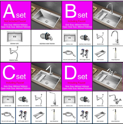 Kitchen sink lead-free handmade brushed 304 stainless steel 3mm thickness single bowl large size kitchen sink