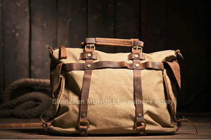 Vintage Military Canvas + Echtes Leder Herren Umhängetasche Sling Umhängetasche Tote Handtasche Herren Canvas Messenger Bag Freizeit
