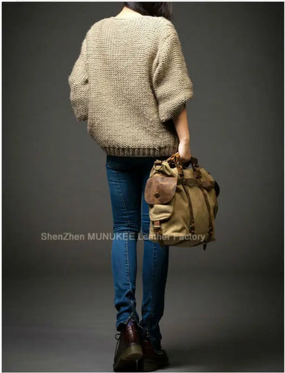 Vintage Military Canvas + Echtes Leder Herren Umhängetasche Sling Umhängetasche Tote Handtasche Herren Canvas Messenger Bag Freizeit