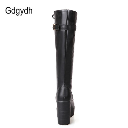 Gdgydh Hot Sale Spring Autumn Lacing Knee High Boots Women Fashion White Square Heel Woman Leather Shoes Winter PU Large Size 43.