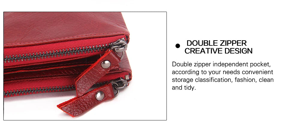 Fashion Genuine Leather Women Wallet Bi-fold Wallets Red ID Card Holder Coin Purse With Double Zipper Small Women's Purse 2022.