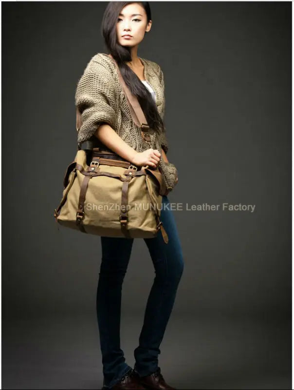 Vintage Military Canvas + Echtes Leder Herren Umhängetasche Sling Umhängetasche Tote Handtasche Herren Canvas Messenger Bag Freizeit