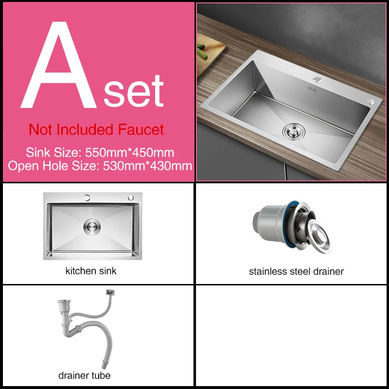 Kitchen sink lead-free handmade brushed 304 stainless steel 3mm thickness single bowl large size kitchen sink