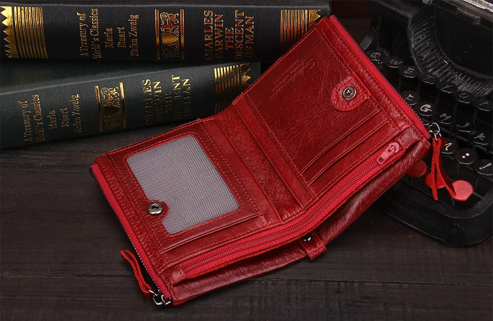 Fashion Genuine Leather Women Wallet Bi-fold Wallets Red ID Card Holder Coin Purse With Double Zipper Small Women's Purse 2022.